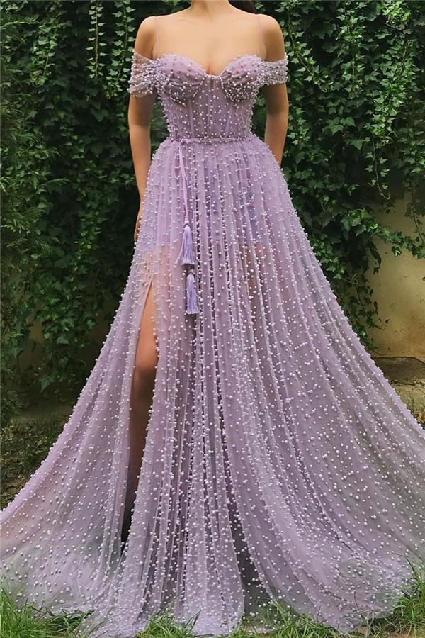 Luluslly Off-the-Shoulder Beadings Peals Prom Dress With Slit