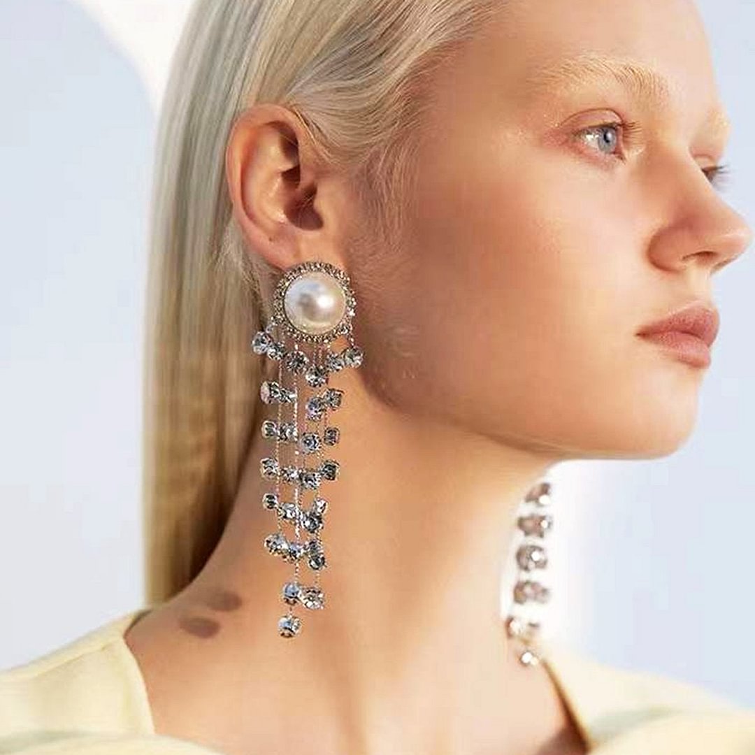 Shiny Rhinestones&Pearl Tassel Dangle Earrings for Women-VESSFUL
