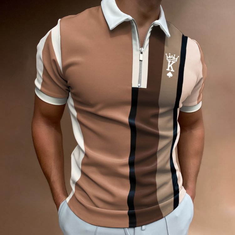 BrosWear Fashion Colorblock Poker Chest Print Short Sleeve Polo Shirt