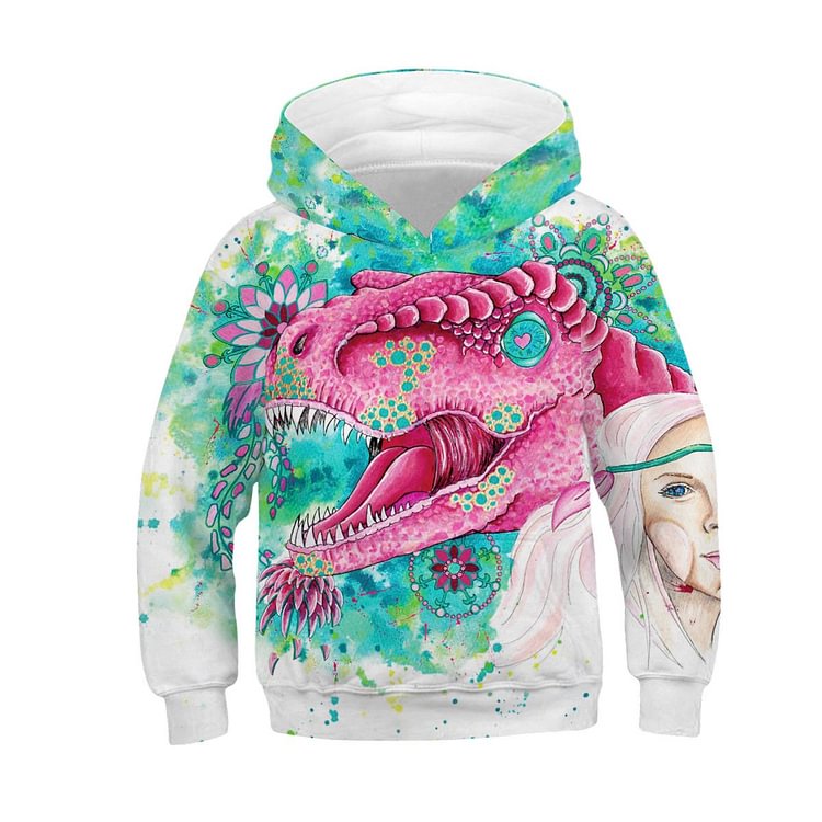 Kids Hoodie Childhood Girl and  Trex Dinosaur  Color Printing Sweatshirt-Mayoulove