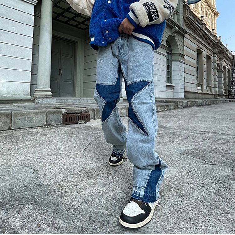 Star Patch Design Pants Men's Hip Hop Washed Jeans
