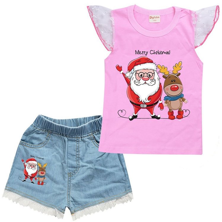 Merry Christmas Satan Clause Reindeer Print Girls Cotton Tank Shorts-Mayoulove