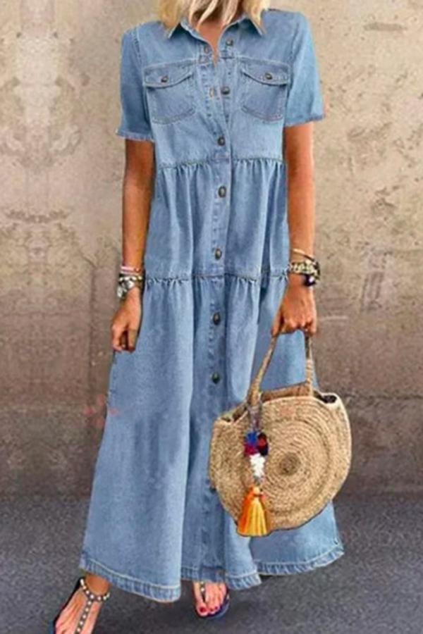 On-trend Denim Long Dress(With Buttons) P13806