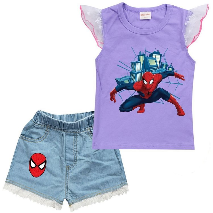 Spiderman Print Girls Pink Purple Tank Top Lace Trim Denim Shorts Set-Mayoulove