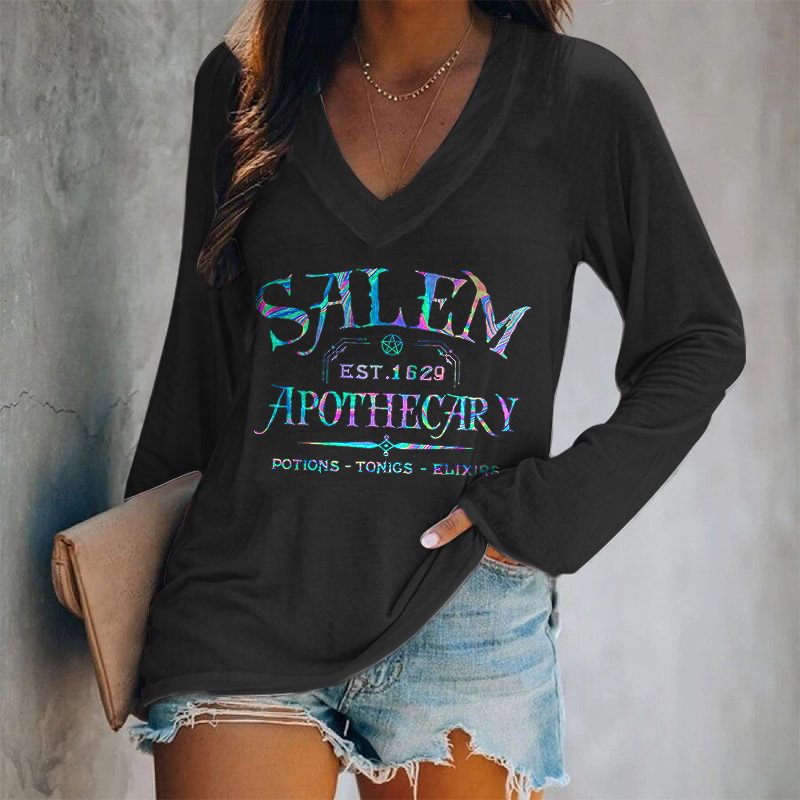 Salem Apothecary Halloween Print Women V-neck Blouse
