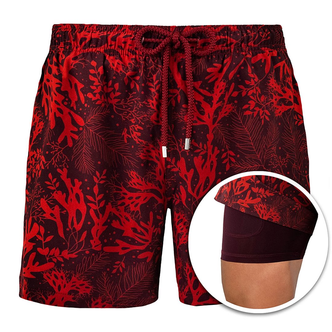 Red Reef - Drawstring Beach Built-in Compression Liner Swim Trunks