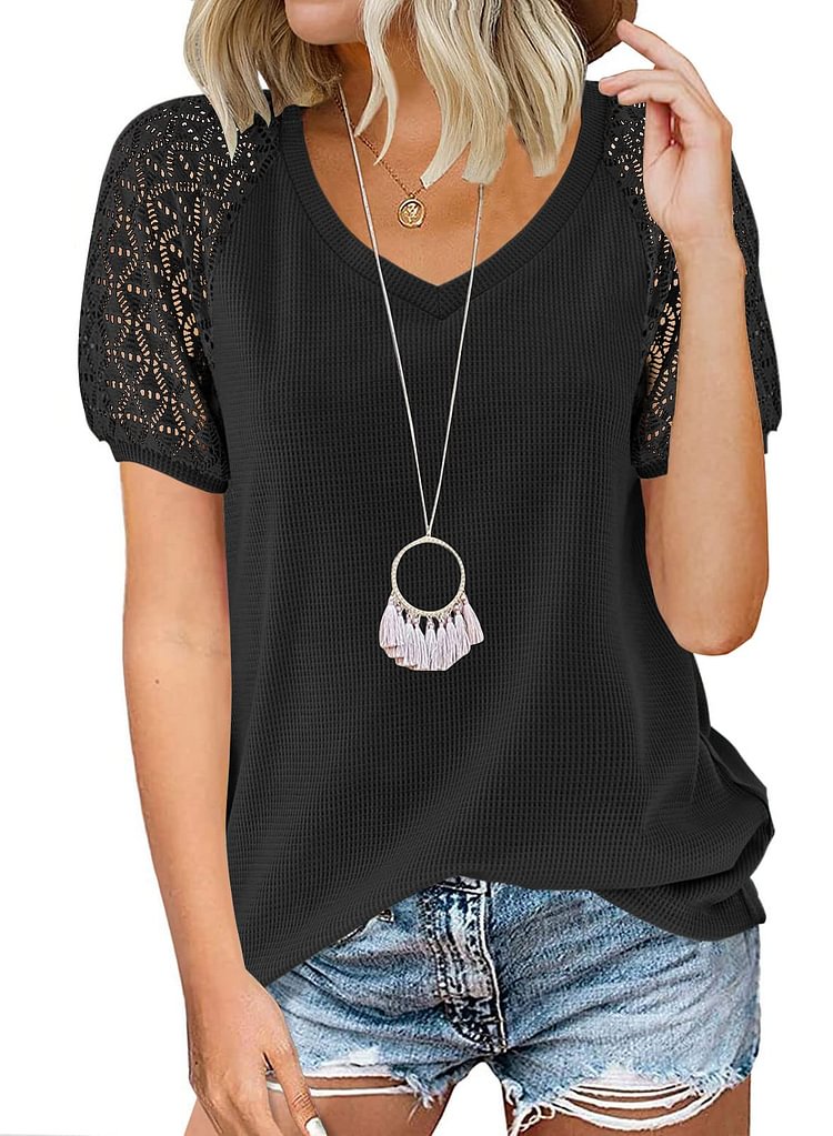 Women's V-Neck Lace Short Sleeve Top Waffle Knit Loose Casual T-Shirt Cover Up
