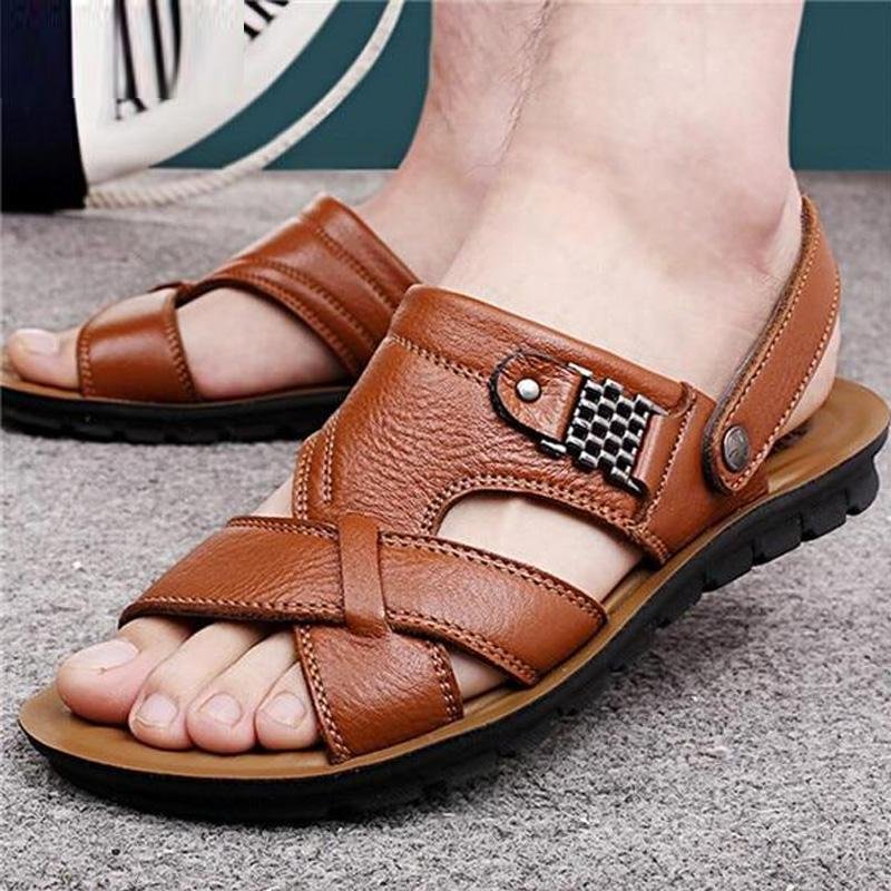 Men's Genuine Leather Casual Non-Slip Sandals Beach Slippers Shoes-Corachic