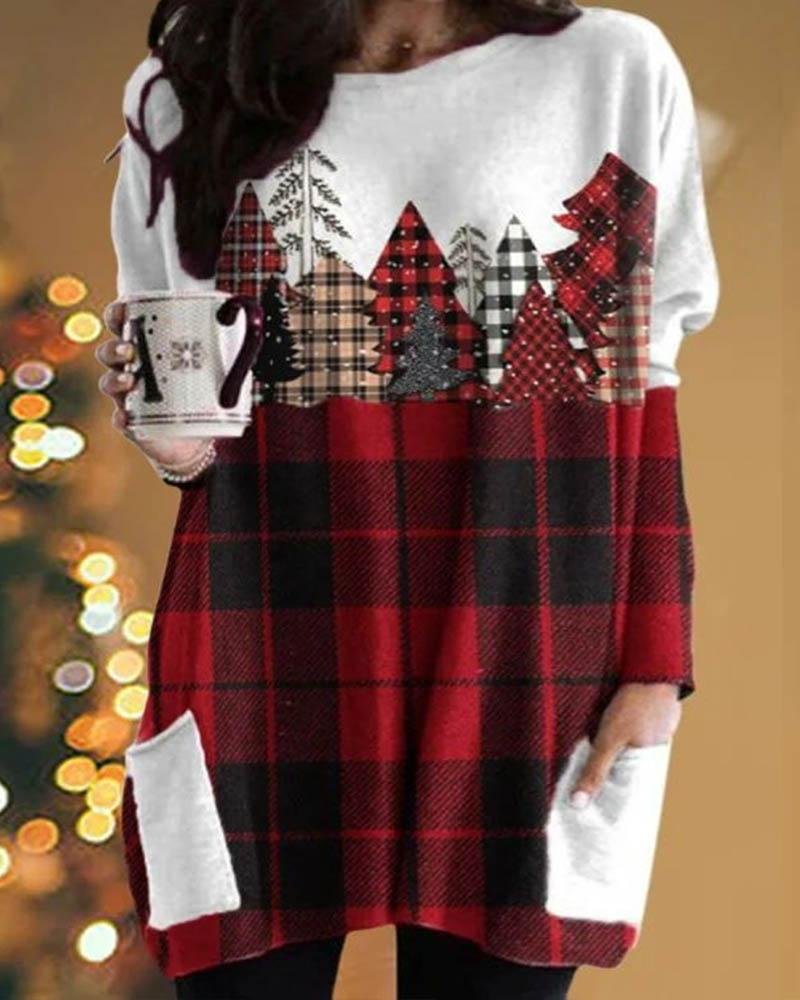 Christmas Tree Pattern Stitching Plaid Long-Sleeved Top