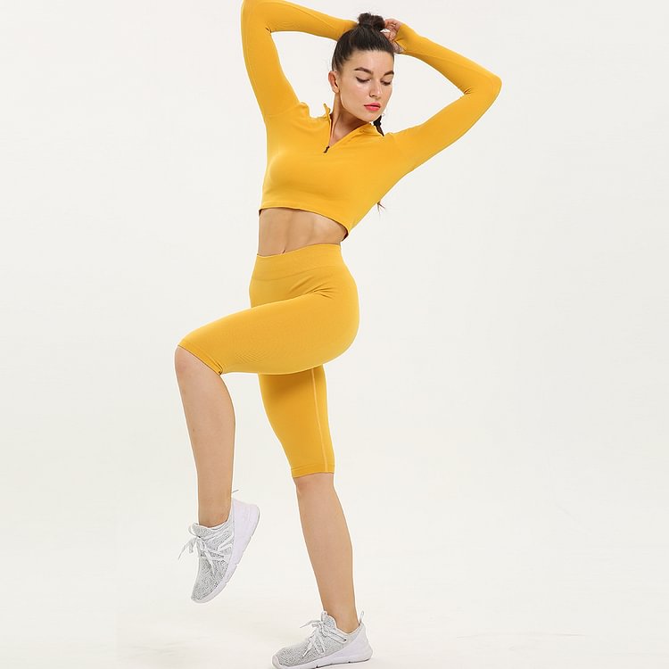 Women's Yoga Clothes Fitness Zipper Long Sleeve Five Point Shorts