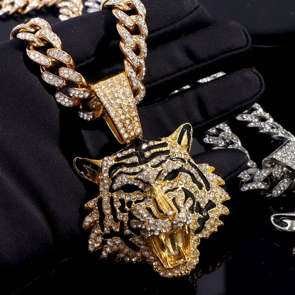 Iced Out Tiger Pendant Necklace With 13mm Cuban Chain-VESSFUL