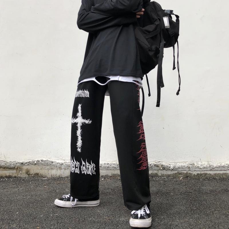 Unisex Gothic Pants Men Japanese Casual Sweatpants Graffiti Anime Punk Hippie Wide Leg Trouser Harajuku High Streetwear / Techwear Club / Techwear