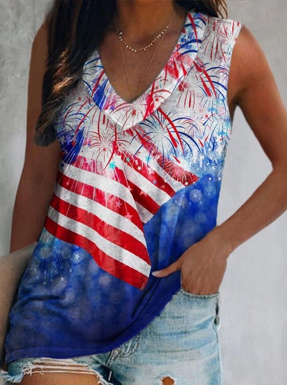 American Flag Fireworks Print V-Neck Vest
