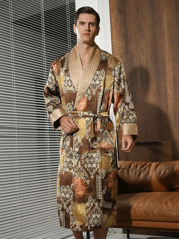 25 Momme Luxurious Golden Royal Print Silk Robe For Men