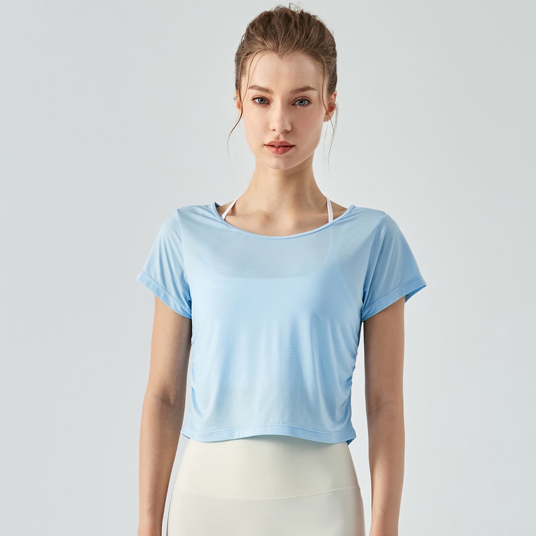 Hergymclothing Sky Blue pleated back hollow-out buttery soft cool sports running cropped t shirts for sale
