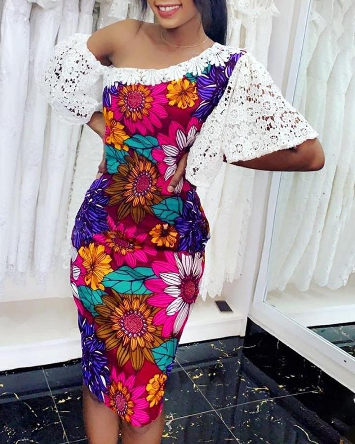 Floral Print Crochet Lace Bodycon Dress-Corachic