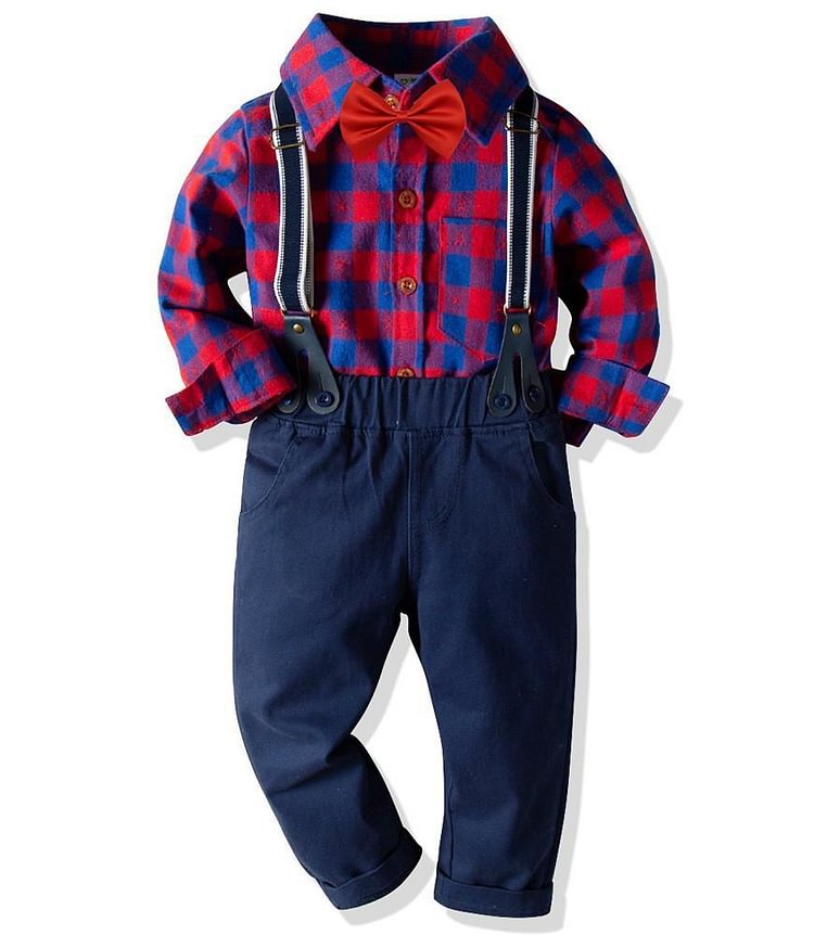 Red Plaid Shirt With Bow Tie And Blue Suspender Pants Boys Outfit Set-Mayoulove