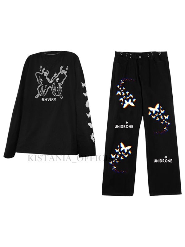 Gothic Dark Butterfly 2 Pieces Sets: Loose Long Sleeve Sweatshirt + Butterfly&letter Printed Graphic Straight Pattern High Rise Jeans 