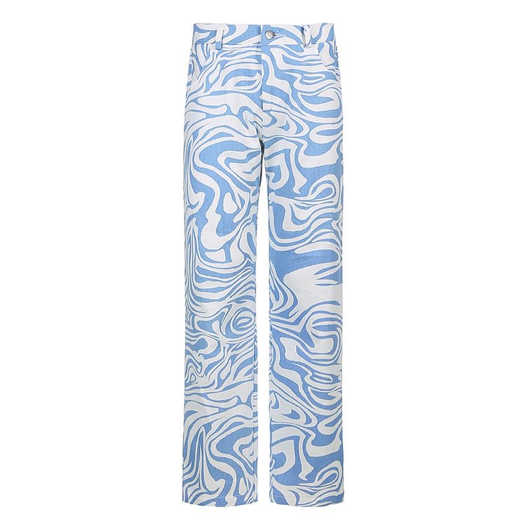 Swirl Stitching Color Wide Leg Straight Relaxed Trousers - tree - Codlins