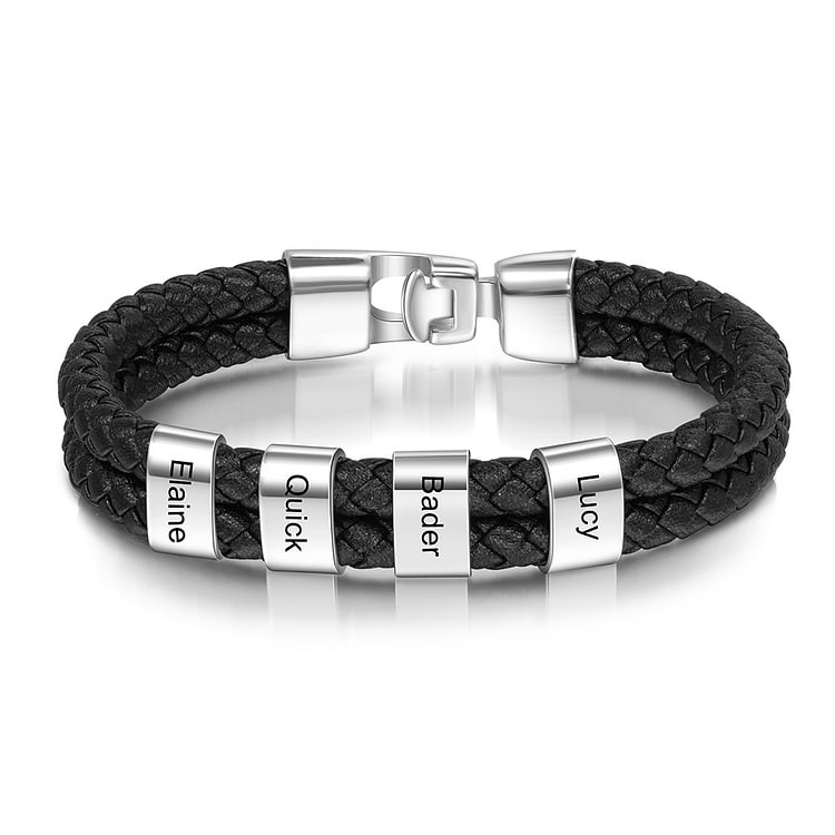 4 Names-Personalized Mens Leather Bracelet with Name Beads