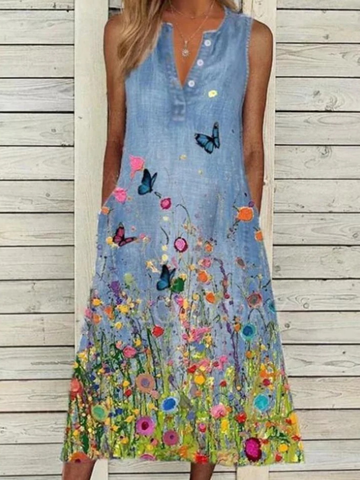Butterfly And Floral Print Sleeveless Pocket Dress