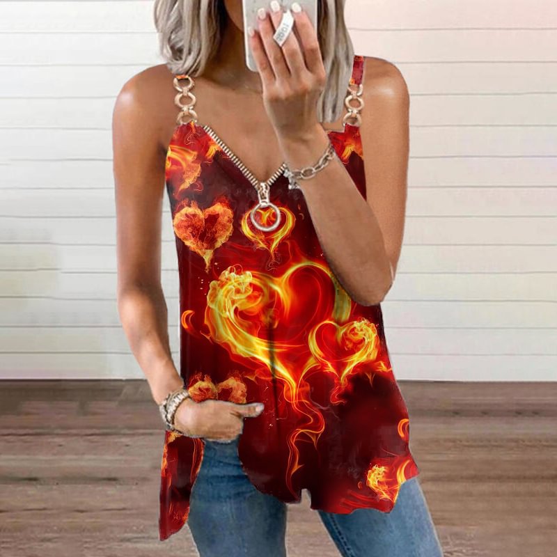 Flaming Heart Shape Printing Sleeveless Vest