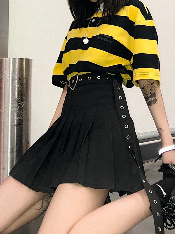 School Solid Color Belt Decorated High Rise Pleated Skirt
