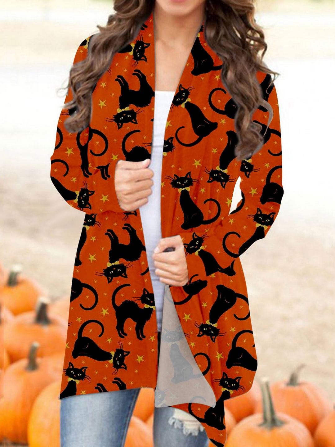 Halloween Cat Star Printed Fleece Cardigan Top