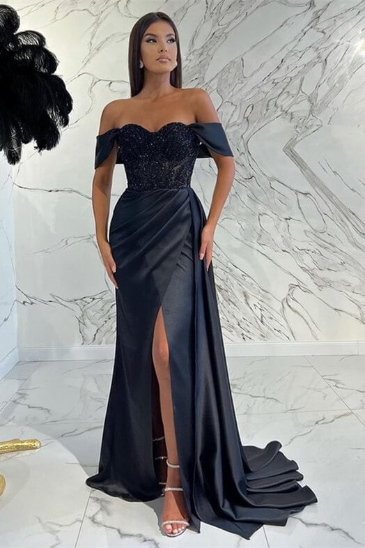 Luluslly Dark Navy Off-the-Shoulder Long Prom Dress Slit Sweetheart With Beadings