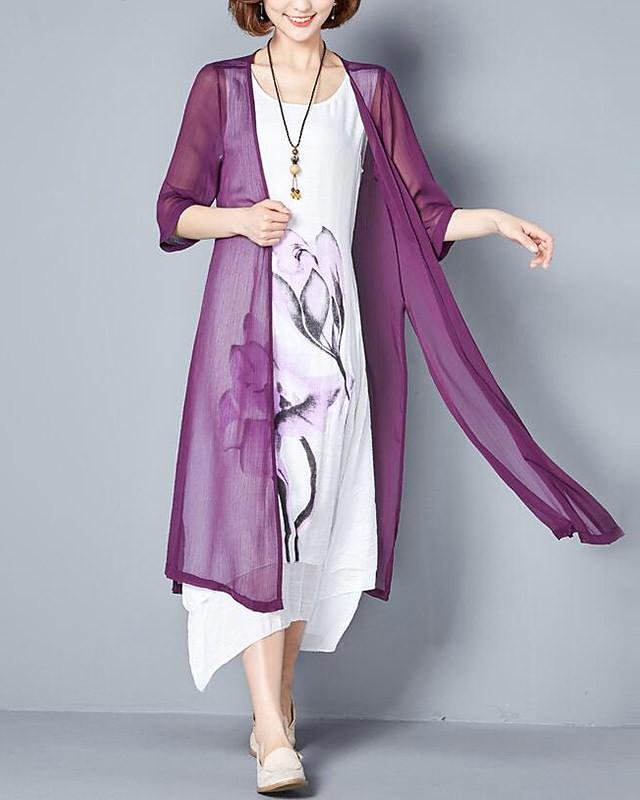 Women's Two Piece Dress Maxi long Dress Floral Print Summer Plus Size Hot Chinoiserie Cotton Loose Floral Purple Blushing Pink Green Gray M L XL XXL 3XL 4XL 5XL-Corachic