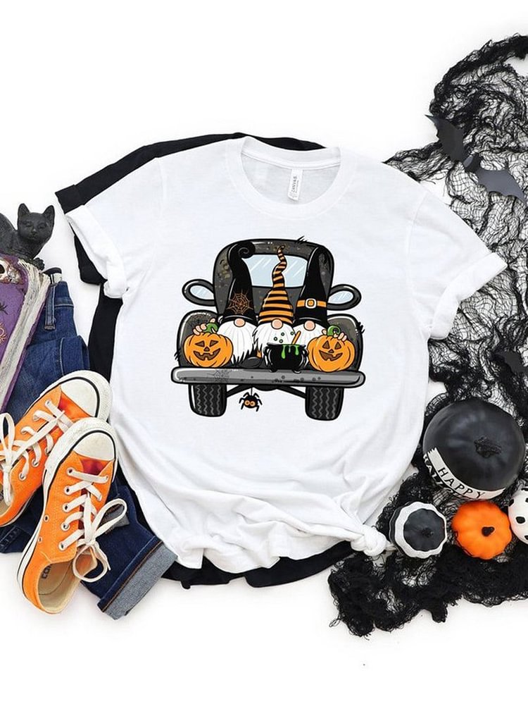 Pumpkin Cute Wizard Print Round Neck Short sleeve T-shirt-Mayoulove