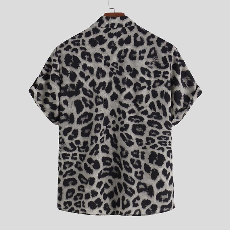 Summer Leopard Print Short Sleeves Streetwear Blouses Men Shirts-VESSFUL