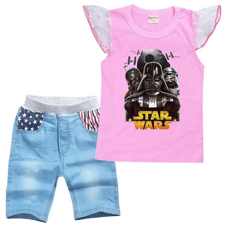 Girls Star Wars Print Cotton Tank Top And Lace Trim Denim Shorts Sets-Mayoulove