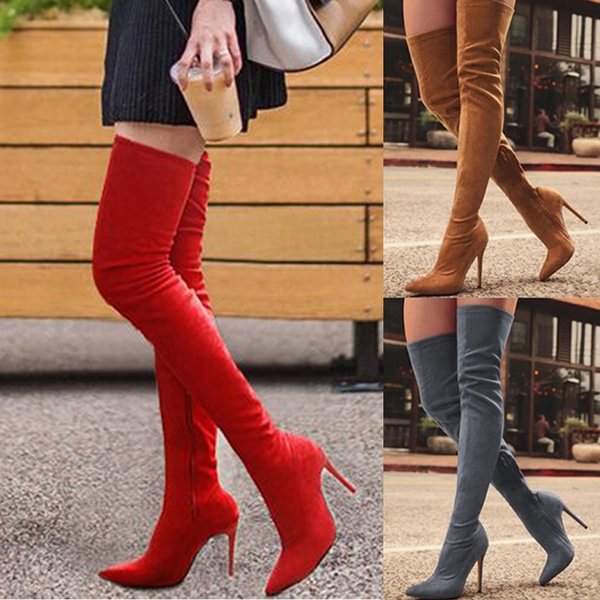 Women Winter Warm Long Boots Faux Suede Slim Thigh High Heels Fashion Over The Knee Boots