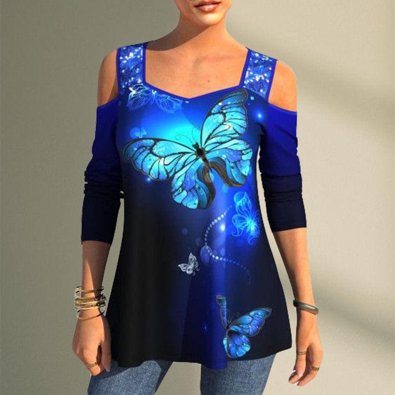 Butterfly print off-the-shoulder casual T-shirt