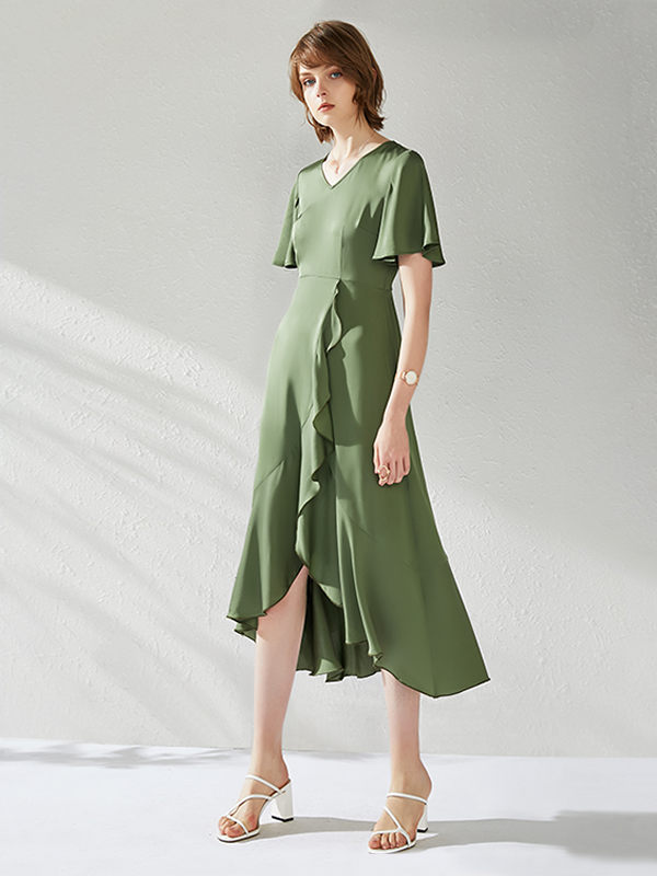 Green Special Hem Silk Midi Dress