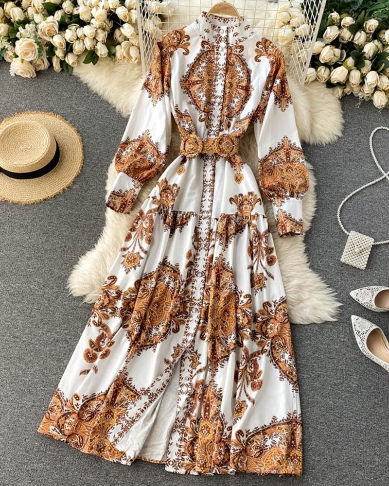 Vintage All Over Print Long Sleeve Maxi Dress With Belt P16174
