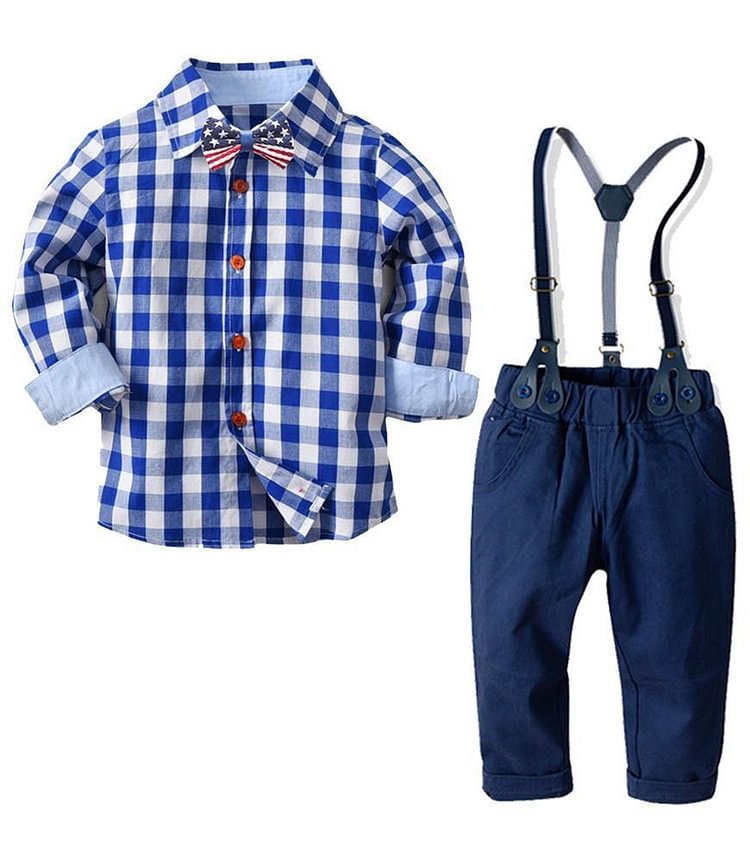 Boys Blue Cotton Plaid Shirt With Bow Tie N Suspender Pants Outfit Set-Mayoulove
