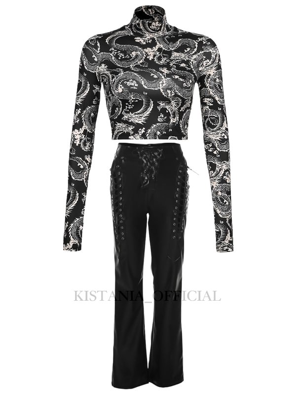 Dragon-printing Turtle Neck Casual T-shirt + Cutout Lace Up High Rise Straight Pattern Slim PU Pants 2 Pieces Sets