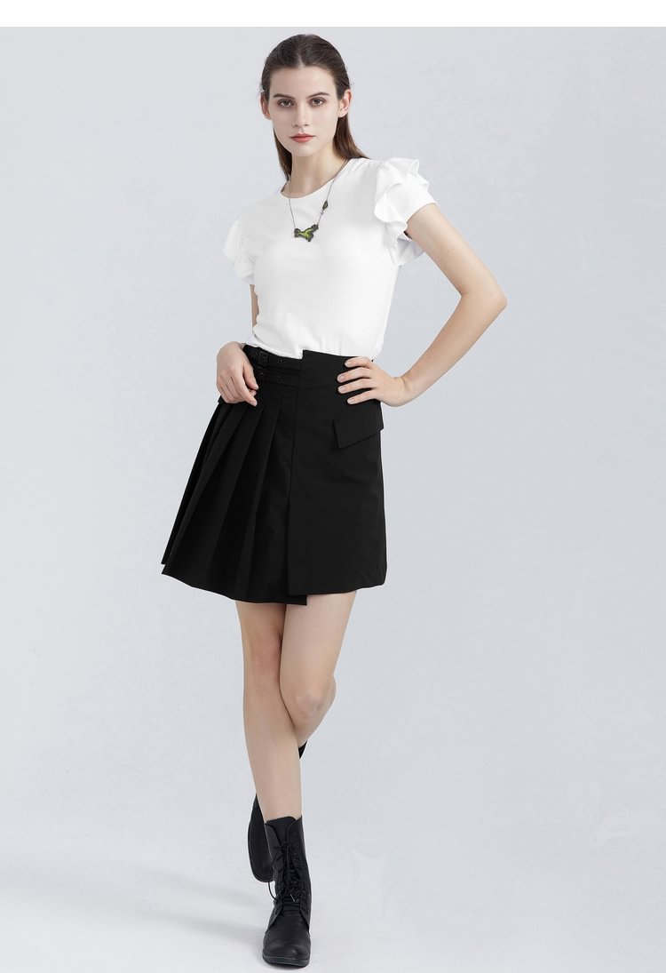 SDEER Irregular pleated stitching black A-line skirt
