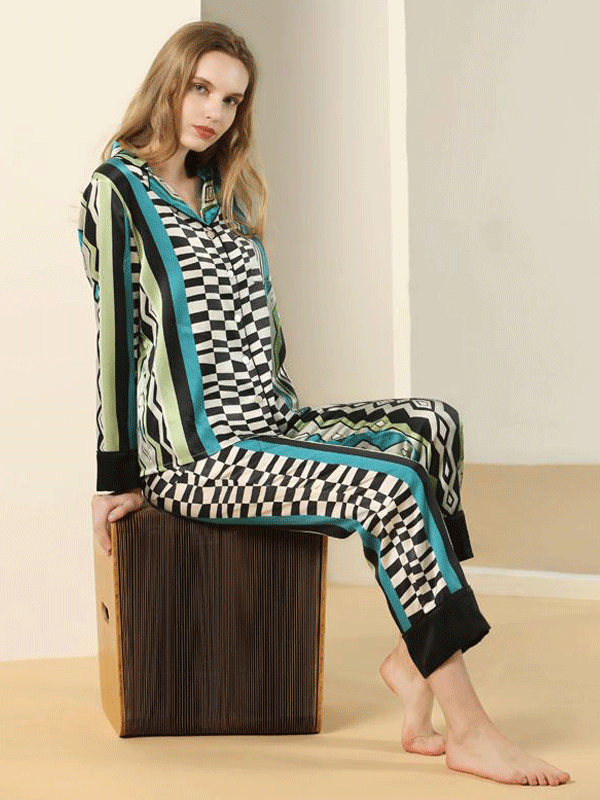 Luxury Geometric Pattern Silk Pajamas Set For Women-luxurysilklife