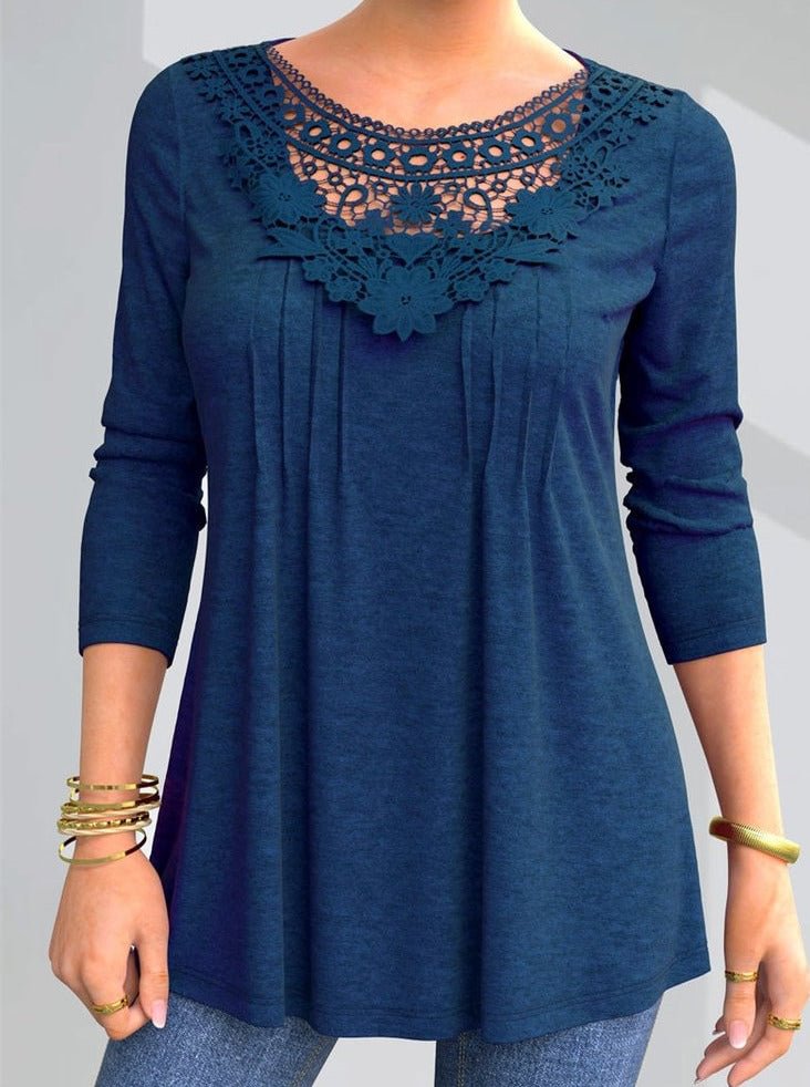 Solid Pleated Lace Patchwork T Shirt
