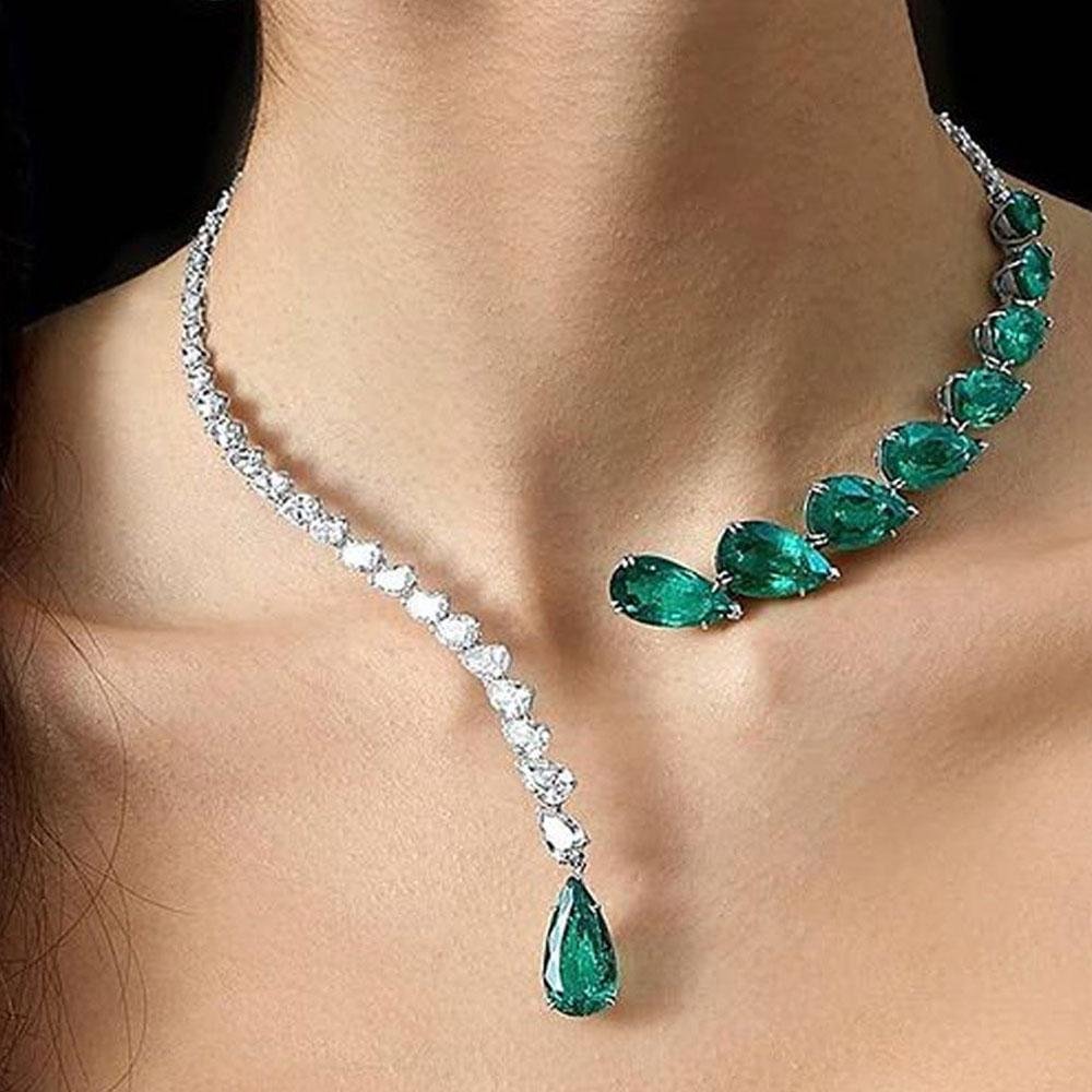 Green Water Drop Rhinestone Open Choker Necklace Wedding Jewelry-VESSFUL