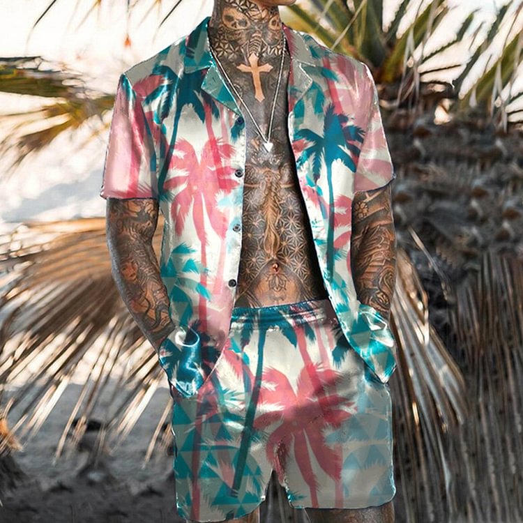 BrosWear Hawaiian Vacation Palm Short Sleeve Shirt Set