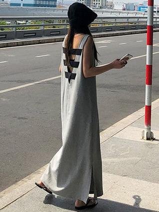 Gray Backless Sleeveless Split-side Long T-shirt Dress