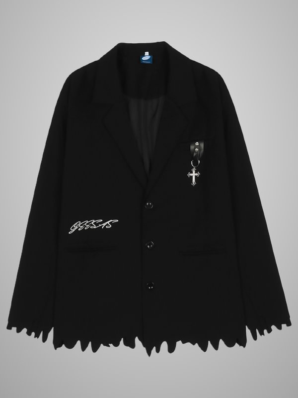 Street Fashion Cross Rhinestone Pendant Letter Embroidered Pockets Asymmetrical Tailor Oversize Suit