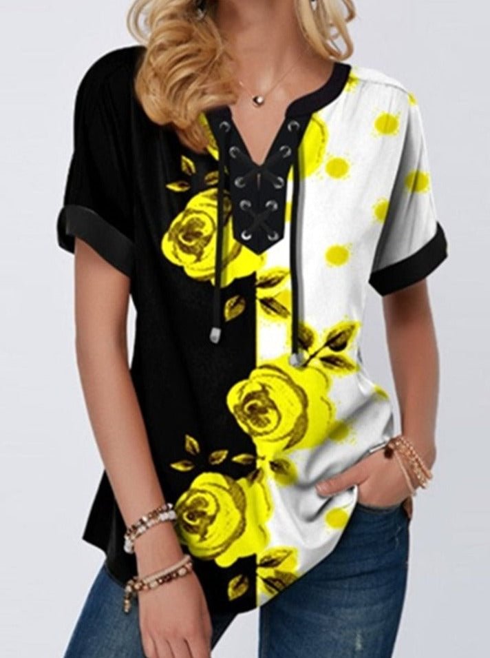Short Sleeve Flower Print Bandage V-Neck T-Shirt