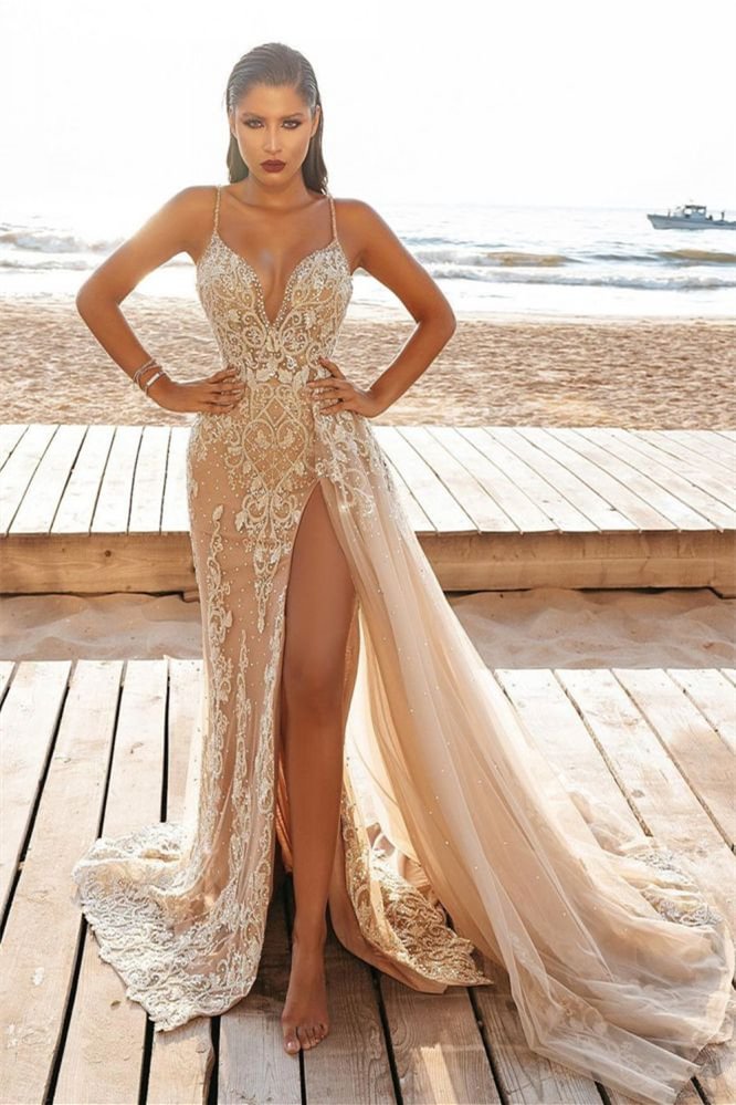 Luluslly Spaghetti-Strap Mermaid Beadings Wedding Dress With Split