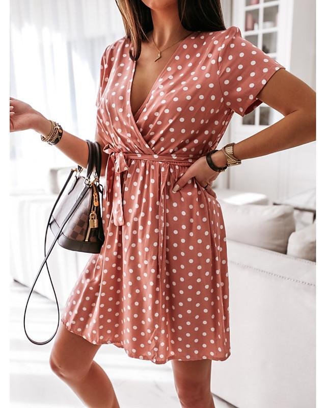 Women's A-Line Dress Short Mini Dress - Short Sleeve Polka Dot Print Polka Dots Summer V Neck Elegant Holiday Beach White Blushing Pink Green S M L XL-0218819-Corachic