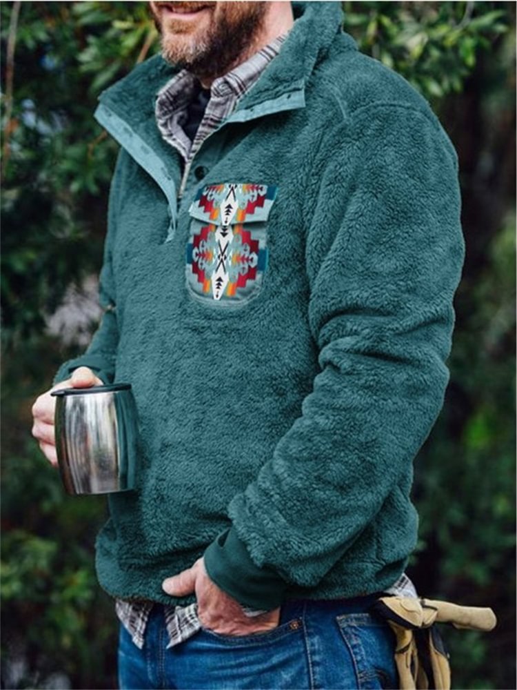 BrosWear Men's Western Aztec Flap Pocket Fleece Pullover
